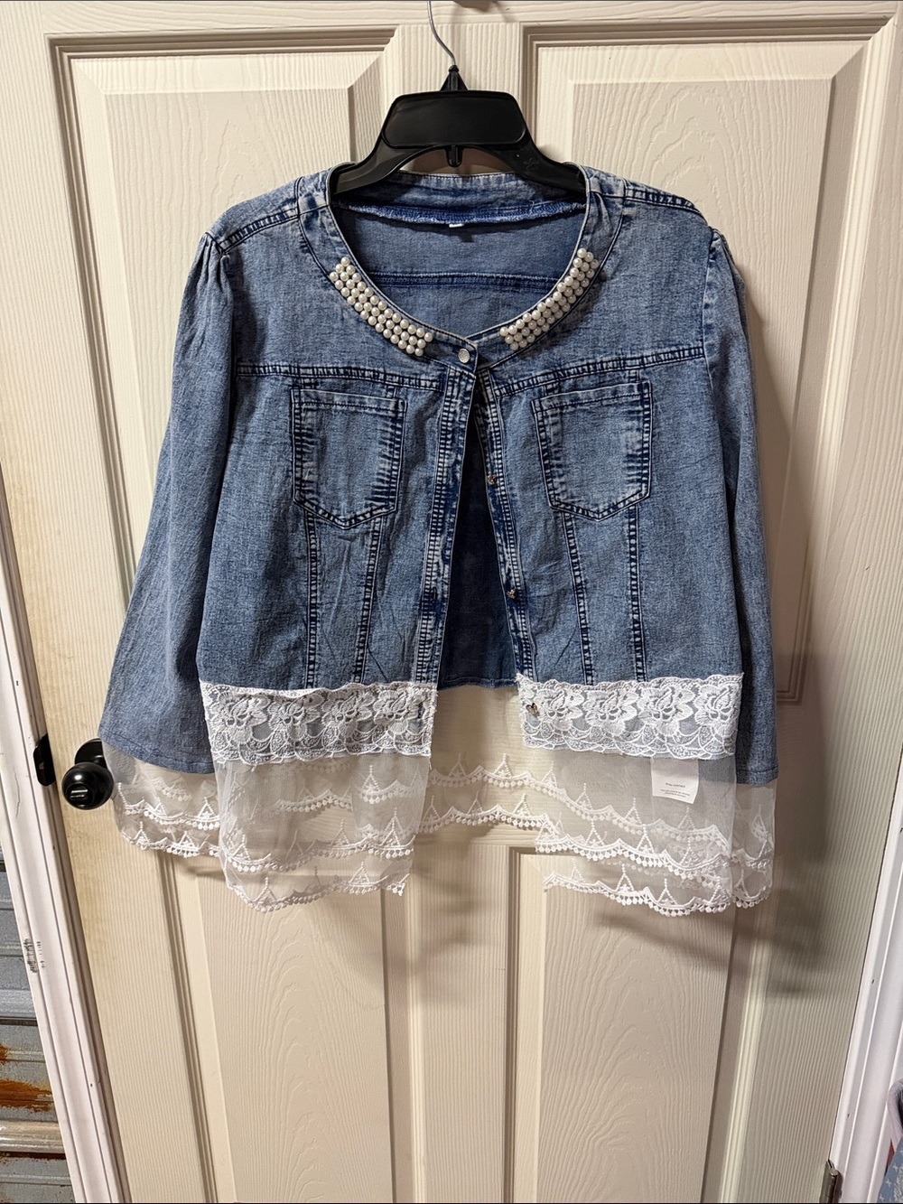 Denim Jacket with Pearl Collar and Lace Hem